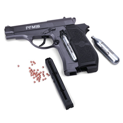 KIT PISTOLA SEMIAUTOMÁTICA CO2 PFM16 + MUNICION + TANQUES CO2 POWERLET