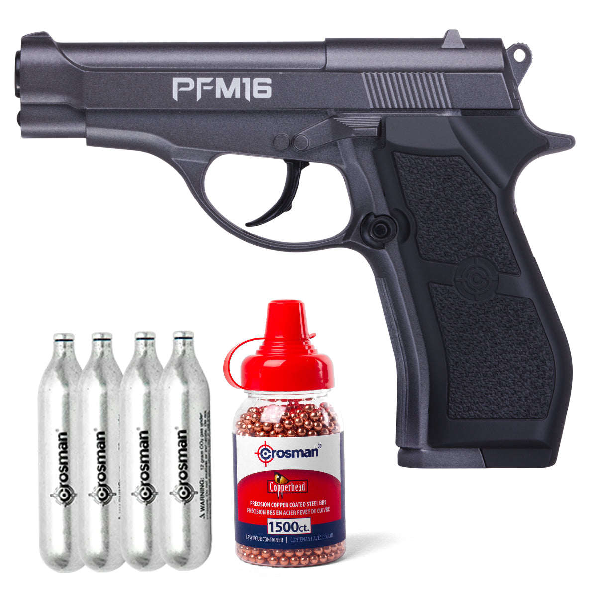 KIT PISTOLA SEMIAUTOMÁTICA CO2 PFM16 + MUNICION + TANQUES CO2 POWERLET